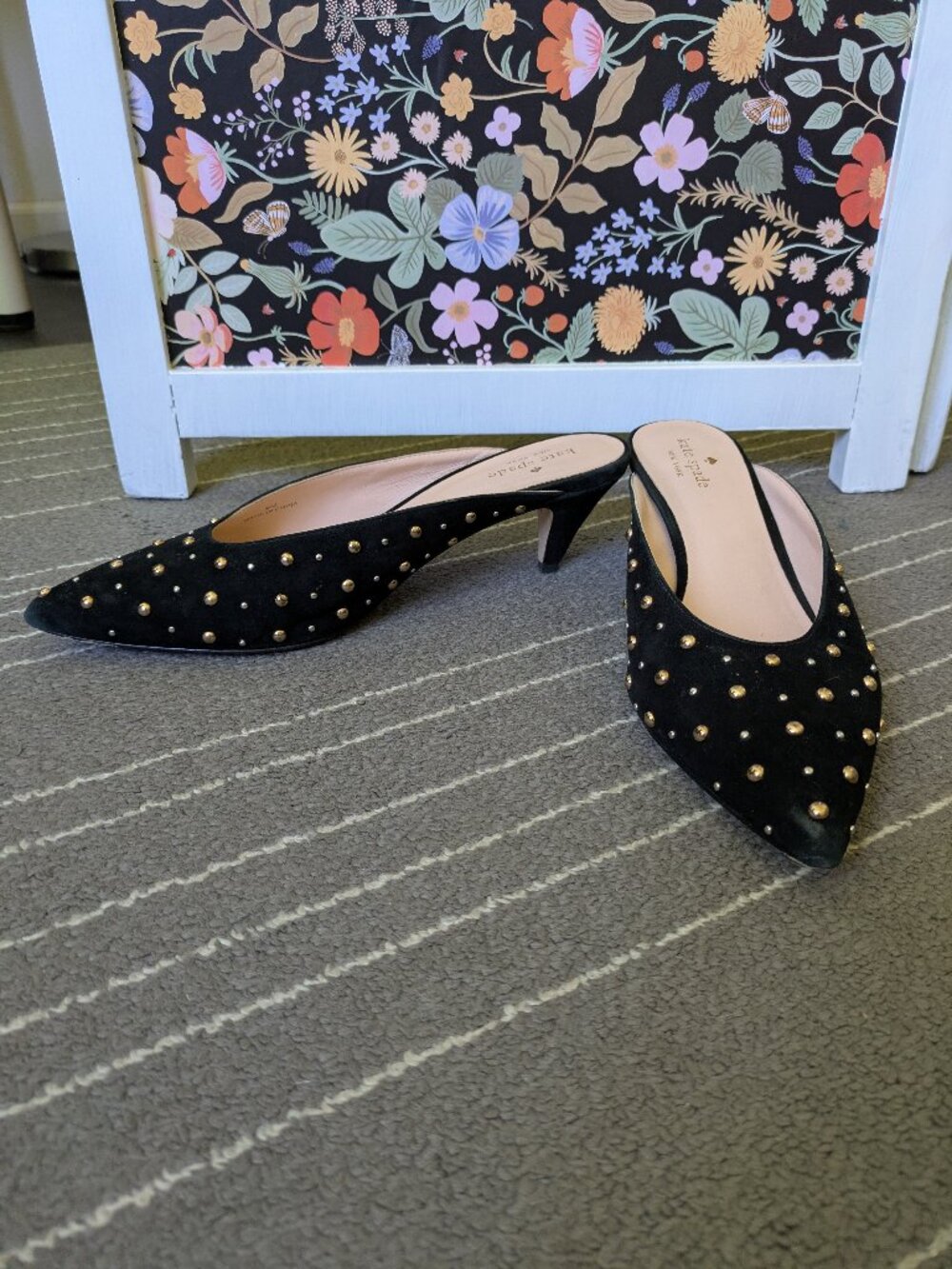 Kate Spade Black Suede Mules With Metallic Studs, Size 9